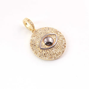 1 Pc Pave Diamond Evil Eye with Round Charm Pendant - 925 Sterling Silver & Yellow Gold Vermeil-Evil Eye with Round Pendant 22mmx20mm PD1744 - Tucson Beads