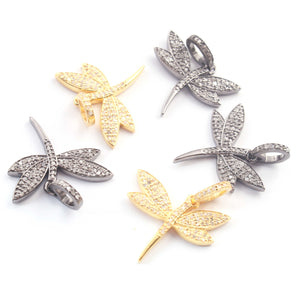 1 PC Pave Diamond Dragon Fly Charm 925 Sterling Silver & Yellow Gold Pendant 18mmx21mm PD1906 - Tucson Beads