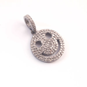 1 Pc Antique Finish Pave Diamond Designer Round Pendant With Happy Face-925 Sterling Silver & Yellow Gold Vermeil -Necklace Pendant 18mmx15mm PD1933