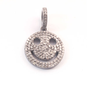 1 Pc Antique Finish Pave Diamond Designer Round Pendant With Happy Face-925 Sterling Silver & Yellow Gold Vermeil -Necklace Pendant 18mmx15mm PD1933