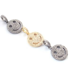 1 Pc Antique Finish Pave Diamond Designer Round Pendant With Happy Face-925 Sterling Silver & Yellow Gold Vermeil -Necklace Pendant 18mmx15mm PD1933