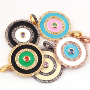 1 Pc Pave Diamond Multi Stone Round Bakelite Charm Pendant - 925 Sterling Silver, Vermeil & Yellow / Rose Gold Vermeil - Round Enamel Pendant 24mmx27mm PD1739 - Tucson Beads