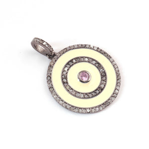 1 Pc Pave Diamond Multi Stone Round Bakelite Charm Pendant - 925 Sterling Silver, Vermeil & Yellow / Rose Gold Vermeil - Round Enamel Pendant 24mmx27mm PD1739 - Tucson Beads