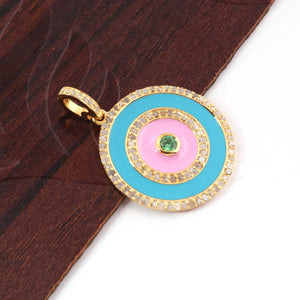 1 Pc Pave Diamond Multi Stone Round Bakelite Charm Pendant - 925 Sterling Silver, Vermeil & Yellow / Rose Gold Vermeil - Round Enamel Pendant 24mmx27mm PD1739 - Tucson Beads