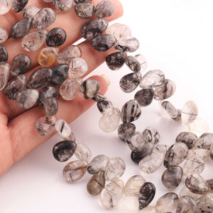 1 Strand Black Rutile Smooth Pear Briolettes - Tourmilated Quartz Smooth Beads 11mmx9mm-17mmx10mm 9 Inches BR142