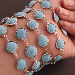 1 Feet Beautiful Turquoise Cushion Shape Connector Chain, 925 Sterling Silver Bezel Continuous Connectors Chain - 12mmx18mm SRC0021