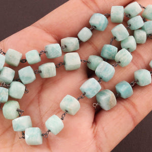 1 Feet Amazonite Cube Shape 7mm Rosary Style Beaded  Chain-  Amazonite Beads 925 Oxidized Sterling Silver Chain SRC0029