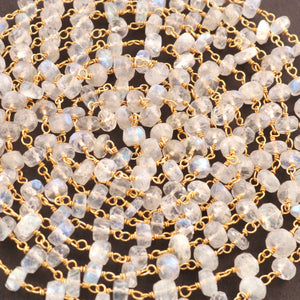 1 Feet White Rainbow Moonstone 5mm Rosary Style Beaded  Chain-White Rainbow Moonstone Beads 925 Sterling Vermeil  Chain SRC0011