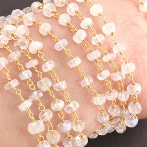 1 Feet White Rainbow Moonstone 5mm Rosary Style Beaded  Chain-White Rainbow Moonstone Beads 925 Sterling Vermeil  Chain SRC0011