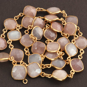 1 Feet Beautiful Peach Moonstone Cushion Shape Connector Chain, 925 Sterling Vermeil Bezel Continuous Connectors Chain - 10mmx16mm SRC0020