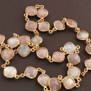 1 Feet Beautiful Peach Moonstone Cushion Shape Connector Chain, 925 Sterling Vermeil Bezel Continuous Connectors Chain - 10mmx16mm SRC0020