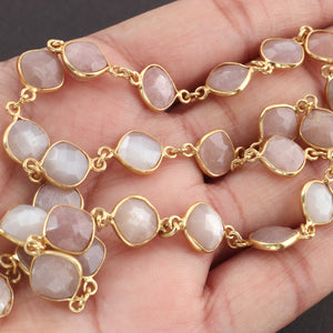 1 Feet Beautiful Peach Moonstone Cushion Shape Connector Chain, 925 Sterling Vermeil Bezel Continuous Connectors Chain - 10mmx16mm SRC0020