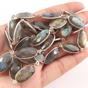 1 Feet Beautiful Labradorite Oval Shape Connector Chain, 925 Sterling Silver Bezel Continuous Connectors Chain - 11mmx21mm SRC0025