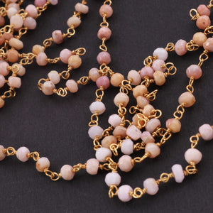 1 Feet Pink Opal 4mm-5mm Rosary Style Beaded  Chain-Pink Opal Beads 925 Sterling Vermeil  Chain SRC0004