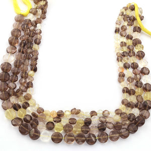 1 Strand Bio Smoky Quartz & Lemon Quartz Faceted Round Coin Briolettes - Coin Beads 5mm-7mm 13 Inches BR386