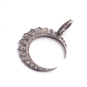 1 PC Antique Finish Pave Diamond Designer Moon Pendant - 925 Sterling Silver - Diamond Pendant 25mmx5mm PD1873 - Tucson Beads