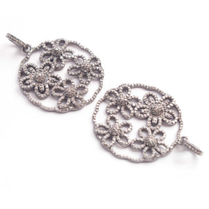 1 PC Antique Finish Pave Diamond Designer Round With Flower Pendant - 925 Sterling Silver - Diamond Pendant 32mmx29mm PD1867 - Tucson Beads