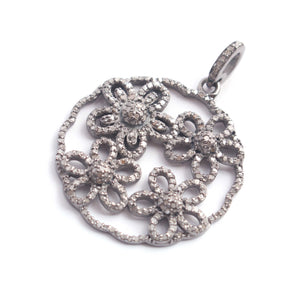 1 PC Antique Finish Pave Diamond Designer Round With Flower Pendant - 925 Sterling Silver - Diamond Pendant 32mmx29mm PD1867 - Tucson Beads