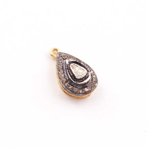 1 Pc Pave Diamond With Rose Cut Diamond 925 Sterling Silver & Vermeil Pear Pendant 17mmx10mm PDC726