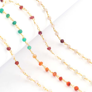 5 Feet Multi Stones 4mm Rosary Style Beaded Chain - Mix Stone beads wire wrapped 24k Gold Plated Rosary Style Chain BDG098