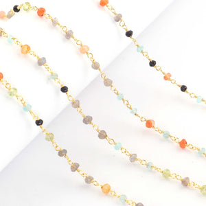 5 Feet Multi Stone Beaded Chain - Mix Stone Beads Wire Wrapped 24k Gold Plated Rosary Style Chain 3mm-4mm BDG122