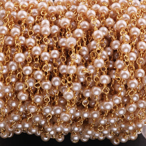 5 feet Pearl 3-3.5mm Rosary Style Beaded Chain - Pearl Beads Wire Wrapped 24k Gold Plated Chain BDG002