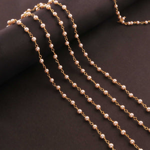 5 feet Pearl 3-3.5mm Rosary Style Beaded Chain - Pearl Beads Wire Wrapped 24k Gold Plated Chain BDG002