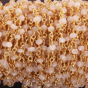 5 Feet White Rainbow Moonstone Beads 3mm-3.5mm Faceted Rosary Beaded chain- 24 K Gold Plated Wire Wrapped Chain NSC0024