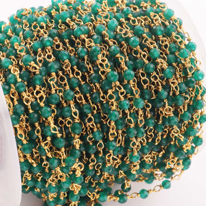 5 Feet Green Onyx Rosary Style Beaded Chain - BULK Wholesale Green Onyx 24k gold Plated Wire Wrapped Chain BDG091