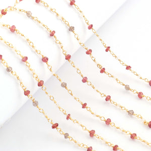 5 Feet Multi Stone Beaded Chain - Garnet , Smoky & White Rainbow Moonstone  Beads Wire Wrapped 24k Gold Plated Rosary Style Chain 2mm-3mm BDG138