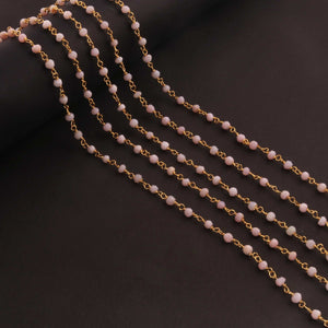 5 Feet Pink Opal Rosary Style Beaded Chain 3 mm-3.5mm Opal Beads Wire Wrapped 24K Gold Plated Chain BDG136