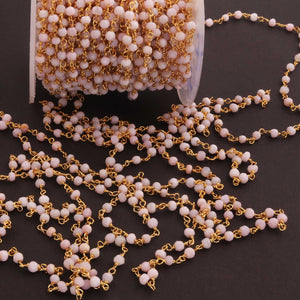 5 Feet Pink Opal Rosary Style Beaded Chain 3 mm-3.5mm Opal Beads Wire Wrapped 24K Gold Plated Chain BDG136