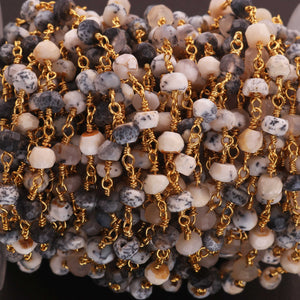 5 feet Dendrite Opal 3-4mm Rosary Style Beaded Chain -Opal Beads Wire Wrapped 24k Gold Plated Chain BDG035