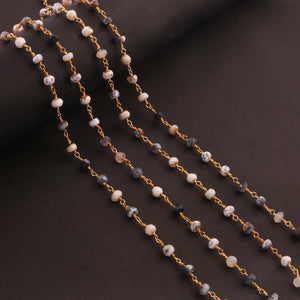 5 feet Dendrite Opal 3-4mm Rosary Style Beaded Chain -Opal Beads Wire Wrapped 24k Gold Plated Chain BDG035