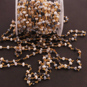 5 feet Dendrite Opal 3-4mm Rosary Style Beaded Chain -Opal Beads Wire Wrapped 24k Gold Plated Chain BDG035