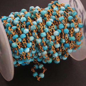 5 Feet Turquoise  Beaded Chain - Turquoise Beads Wire Wrapped 24k Gold Plated Rosary Style Chain 3.5mm-4mm BDG140