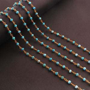 5 Feet Turquoise  Beaded Chain - Turquoise Beads Wire Wrapped 24k Gold Plated Rosary Style Chain 3.5mm-4mm BDG140