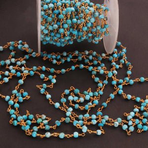 5 Feet Turquoise  Beaded Chain - Turquoise Beads Wire Wrapped 24k Gold Plated Rosary Style Chain 3.5mm-4mm BDG140