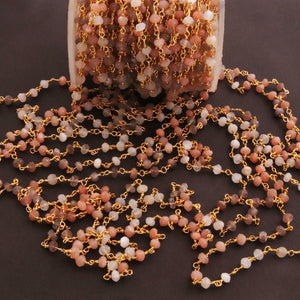 5 Feet Multi Moonstone Rosary Style Beaded Chain 4 mm-4.5mm Multi Moonstone Beads Wire Wrapped 24K Gold Plated Chain BDG142