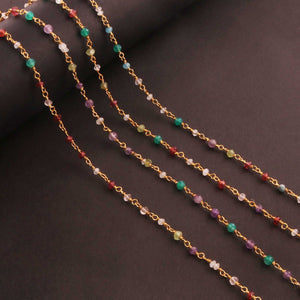 5 Feet Mix Stone 2mm-3mm 24k Gold Plated Rosary Beaded Chain- Mix Stone Beaded Chain-NSC0053