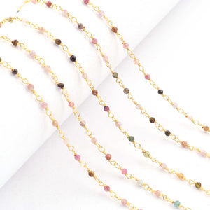 5 Feet Multi Tourmaline 2mm Rosary Style Beaded Chain - Multi Tourmaline Beads wire wrapped 24k Gold Plated chain per foot BDG008