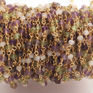 5 Feet Mix Stone Rosary 3mm- Amethyst, Moonstone, Peridot 24K Gold Plated Wire Wrapped Rosary Style Beaded Chain BDG144