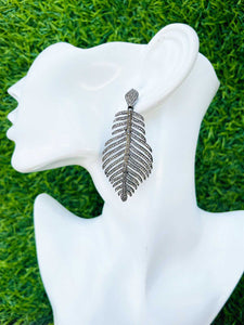 1 Pair Of Extremely Beautiful Pave Diamond Leaf Earrings - 925 Sterling Silver Feather Earrings 55mmx29mm-14mmx7mm ED168