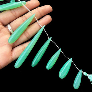 1 Strand Mint  Green Chalcedony Smooth  Briolettes -Long Tear &  Pear Drop  Brittolees - 30mmx10mm-81mmx11mm 8 Inches BR1023