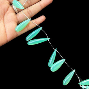 1 Strand  Green Chalcedony Smooth  Briolettes -Long Tear &  Pear Drop  Brittolees - 25mmx10mm-43mmx9mm 8 Inches BR1055