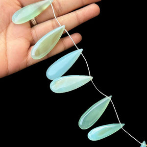 1 Strand Bio Aqua  Chalcedony Smooth  Briolettes -Long  Pear Drop  Briolettes - 33mmx11mm-46mmx15mm -8 Inches BR1047