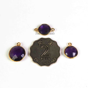 15   Pcs Amethyst  Faceted Round Shape 24k Gold Plated Connector&Pendant  - 21mmx14mm-14mmx10mm-PC579 - Tucson Beads