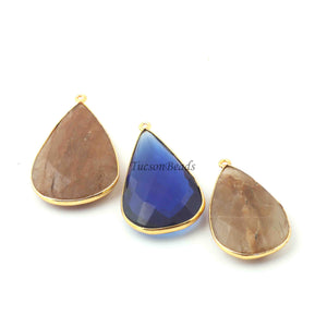 3 Pcs Mix Stone  24k Gold Plated  Faceted Pear Drop Gemstone Bezel Single Bail Pendant - 42mmx21mm PC564 - Tucson Beads