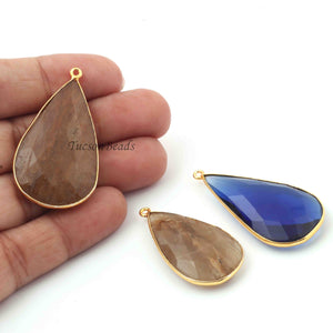 3 Pcs Mix Stone  24k Gold Plated  Faceted Pear Drop Gemstone Bezel Single Bail Pendant - 42mmx21mm PC564 - Tucson Beads