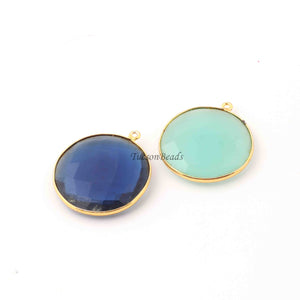 2 Pcs Mix Stone  24k Gold Plated  Faceted Round Shape Gemstone Bezel Single Bail Pendant - 31mmx28mm PC635 - Tucson Beads